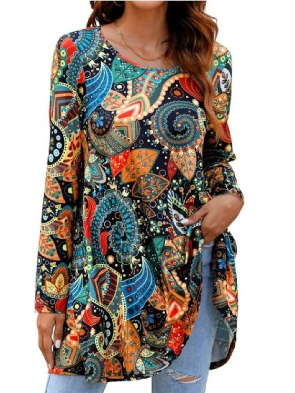 Women’s Plus Size 4XL Boho Paisley Tunic Top Long Sleeve Colorful